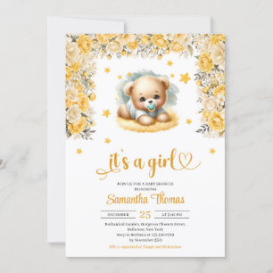 Invitación Oso de peluche flores amarillas chica ducha bebé