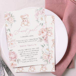 Invitación Oso de peluche flores rosadas para baby shower de 