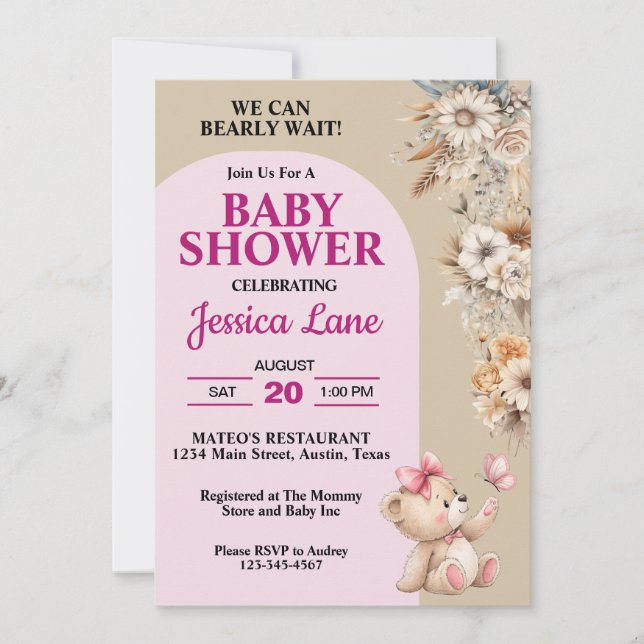 Invitación Oso de peluche Flores Rústicas Bonitas Niño Cumple (Anverso)