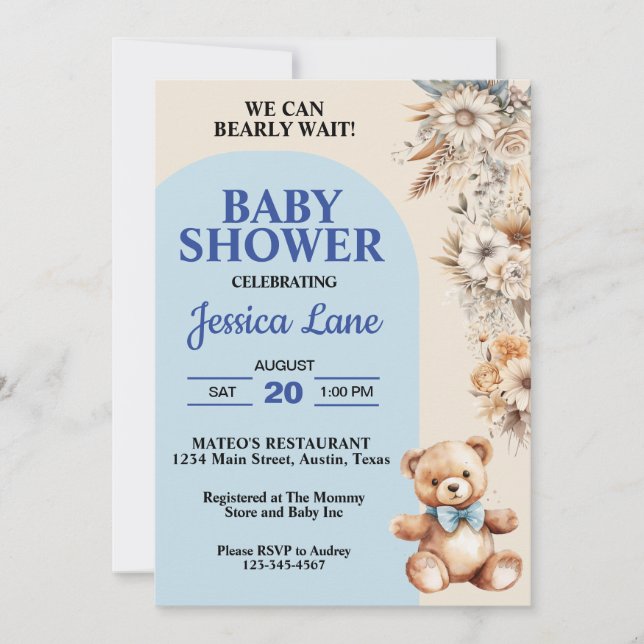 Invitación Oso de peluche Flores Rústicas Bonitas Shower de N (Anverso)