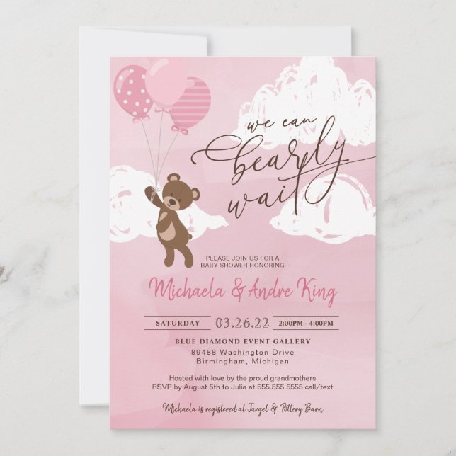 Invitación Oso de peluche flotando con globos Chica bebé (Anverso)