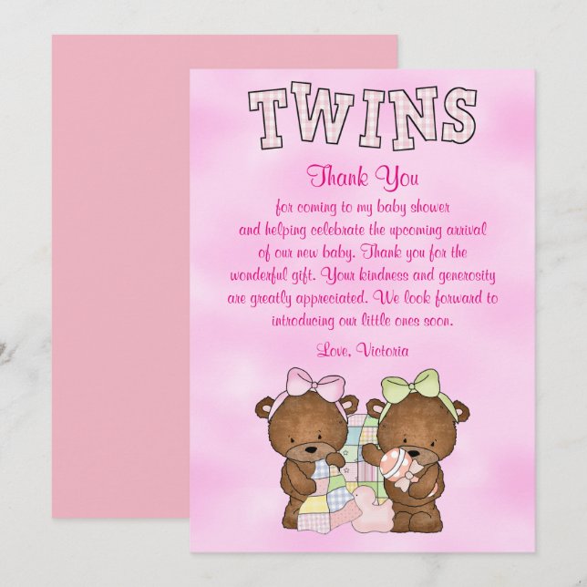 Invitación Oso de peluche gemelo de los chicas de Baby Shower (Anverso / Reverso)