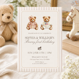 Invitación Oso de peluche gemelo neutral para el primer cumpl