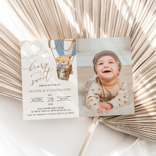 Invitación Oso de peluche, globo de aire caliente azul, prime