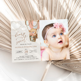 Invitación Oso de peluche, globo de aire caliente rosado, pri