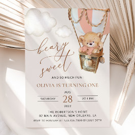 Invitación Oso de peluche, globo de aire caliente rosado, pri