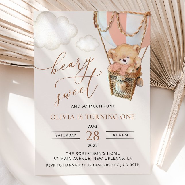 Invitación Oso de peluche, globo de aire caliente rosado, pri (Subido por el creador)
