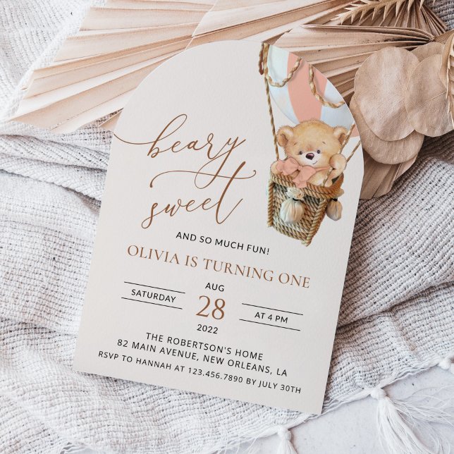 Invitación Oso de peluche, globo de aire caliente rosado, pri (Subido por el creador)