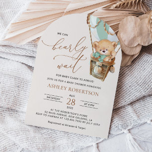 Invitación Oso de peluche, globo de aire caliente verde, Baby