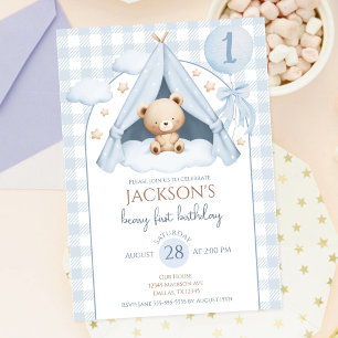 Invitación Oso de peluche globo niño cumpleaños 1 año tela a