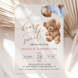 Invitación Oso de peluche, globos azules, primer cumpleaños
