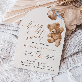Invitación Oso de peluche, globos azules, primer cumpleaños