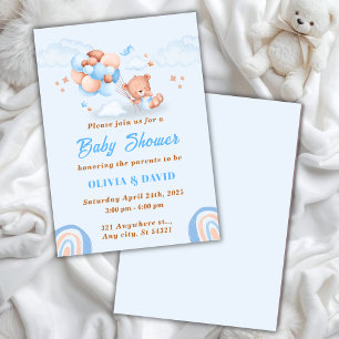 Invitación Oso de peluche, globos azules y marrones para baby