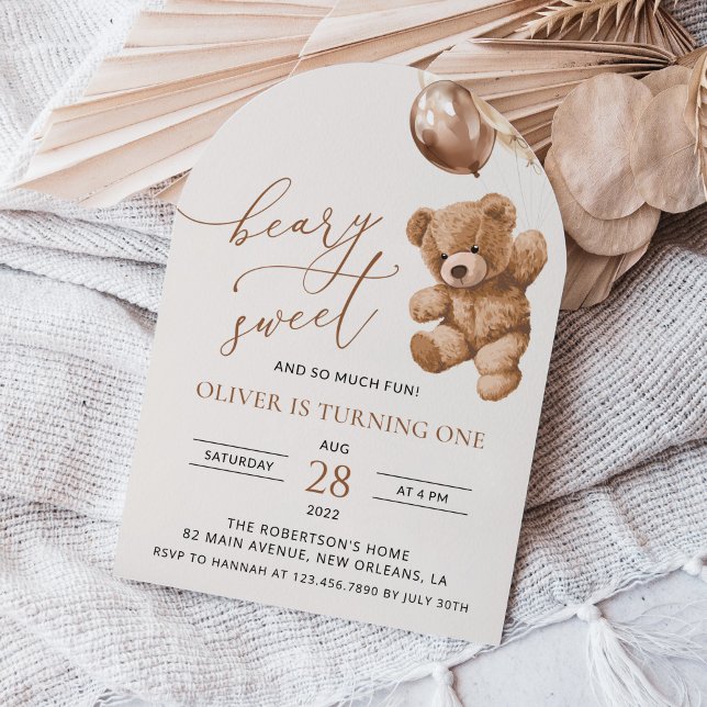 Invitación Oso de peluche, globos marrones, primer cumpleaños (Subido por el creador)