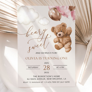 Invitación Oso de peluche, globos rosados, primer cumpleaños