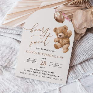 Invitación Oso de peluche, globos rosados, primer cumpleaños