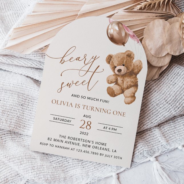 Invitación Oso de peluche, globos rosados, primer cumpleaños (Subido por el creador)