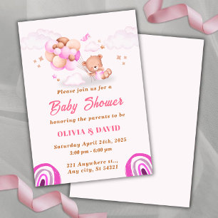 Invitación Oso de peluche, globos rosados y marrones Baby Sho