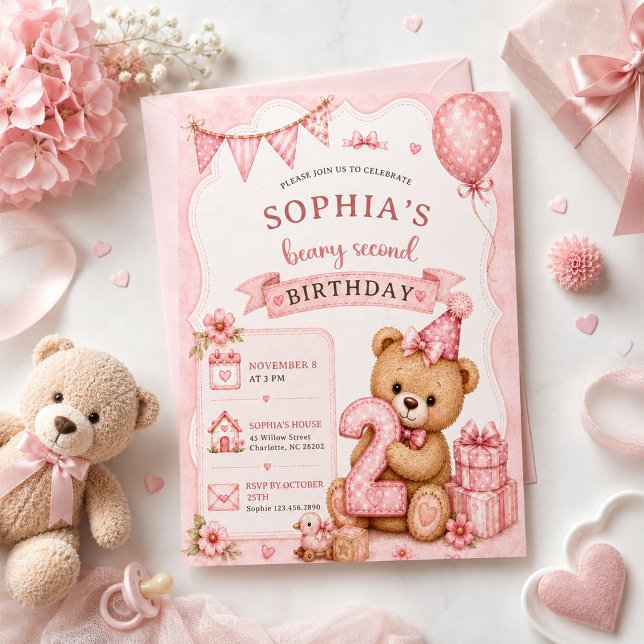 Invitación Oso de peluche, globos rosas, segundo cumpleaños (Subido por el creador)