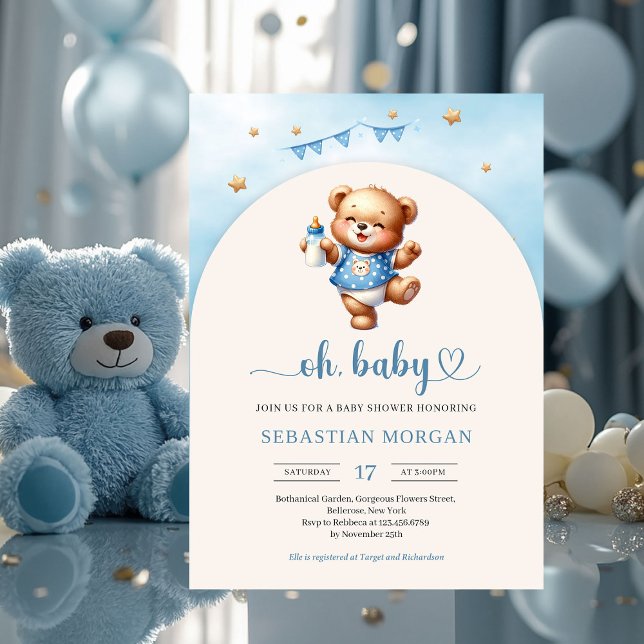 Invitación Oso de peluche juguetón de acuarela con arco de bo (watercolor playful teddy bear with baby bottle boy baby shower invitation)
