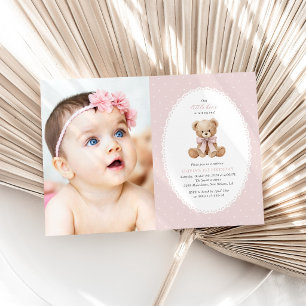 Invitación Oso de peluche, lazo, lunares rosados, primer cump