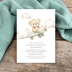 Invitación Oso de peluche lindo Avión Acuarela Cumpleaños