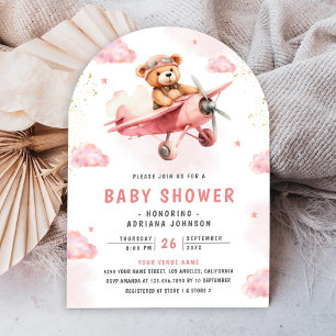 Invitación Oso de peluche lindo Avión rosa Arco Baby Shower