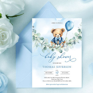 Invitación Oso de peluche lindo con globo azul niño shower de