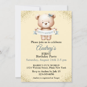 Invitación Oso de peluche lindo con pancarta de Feliz Cumplea