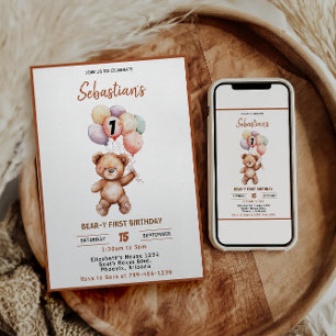 Invitación Oso de peluche lindo cumpleaños 1 Oso dulce