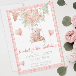 Invitación Oso de peluche lindo cumpleaños cuadros rosa