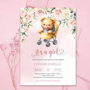 Invitación Oso de peluche lindo en bebé chica floral