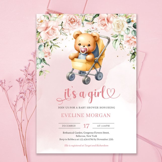 Invitación Oso de peluche lindo en bebé chica floral (Cute teddy bear girl in baby stroller and pink roses flowers invitation)