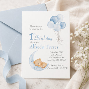 Invitación Oso de peluche lindo en la luna Cumpleaños número