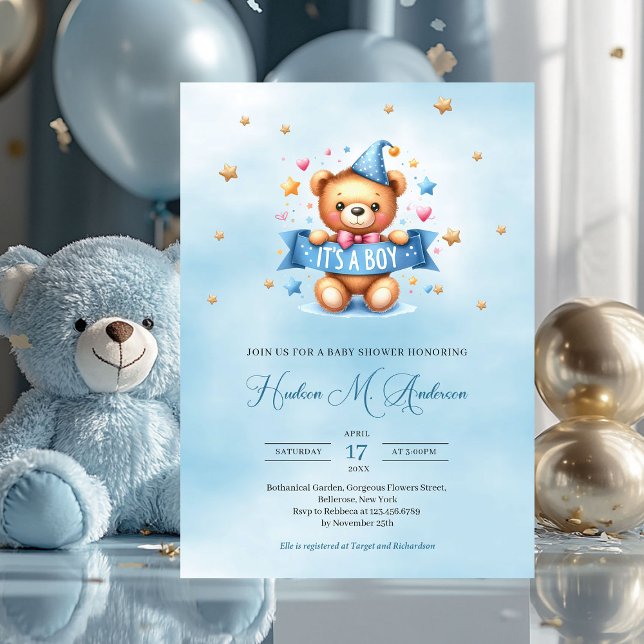 Invitación Oso de peluche lindo es una ducha de bebé (it's a boy baby shower invitation with teddy bear)
