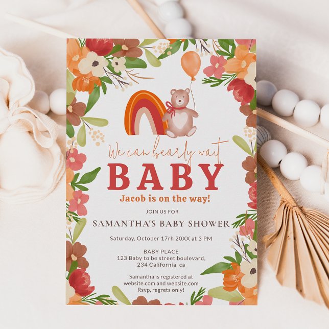 Invitación Oso de peluche lindo espera la ducha de bebé arco  (Cute teddy bear bearly wait rainbow baby shower invitation)