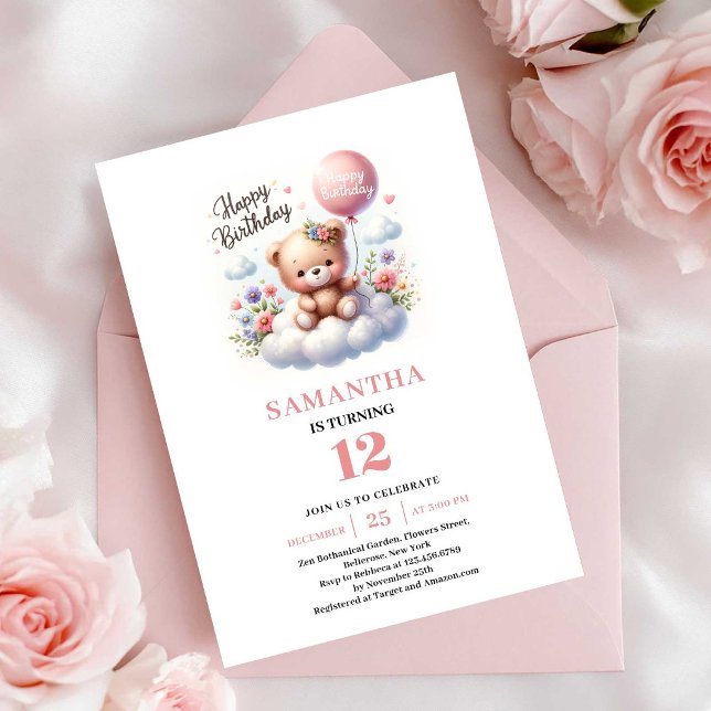 Invitación Oso de peluche lindo flores de globo niña cumpleañ (Cute teddy bear balloon flowers girl birthday invitation

)