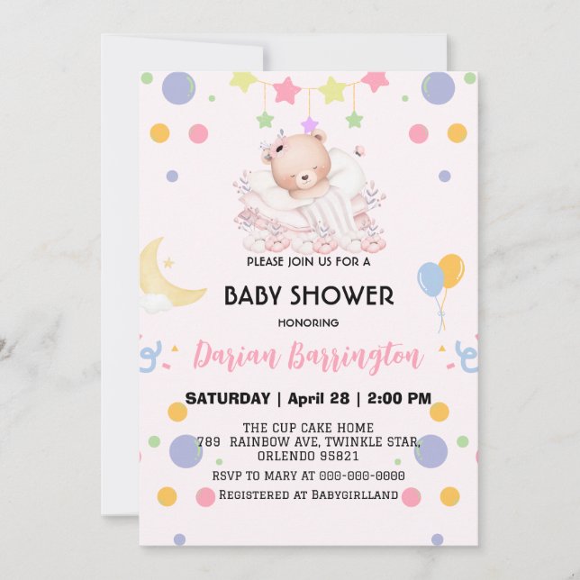 Invitación Oso de peluche lindo globo lunar baby shower fiest (Anverso)