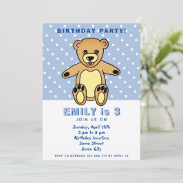 Invitación Oso de peluche lindo lunares azules Cumpleaños de