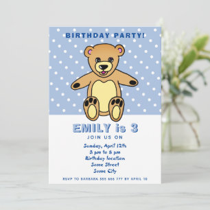 Invitación Oso de peluche lindo lunares azules Cumpleaños de