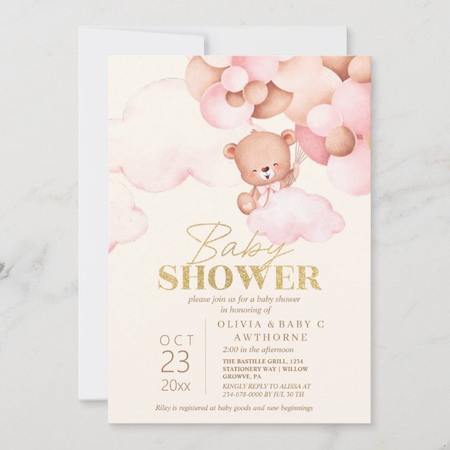 Invitación Oso de peluche lindo rosa y dorado Baby Shower niñ (Anverso)