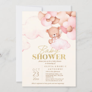 Invitación Oso de peluche lindo rosa y dorado Baby Shower niñ