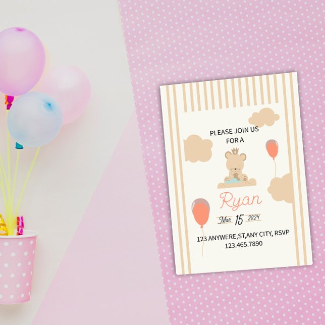 Invitación Oso de peluche lindo sentado en la nube (Subido por el creador)