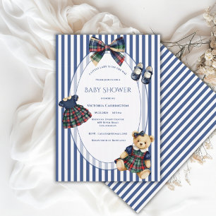 Invitación Oso de peluche Little Lady azul y blanco Vintage G
