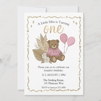 Invitación Oso de peluche marrón boho globos rosa cumpleaños