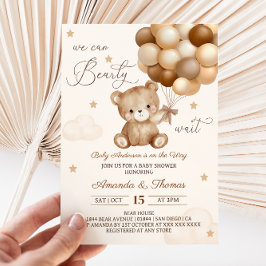 Invitación Oso de peluche marrón globos neutrales Baby Shower