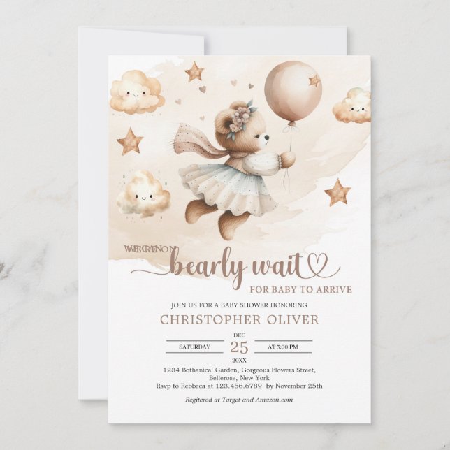 Invitación Oso de peluche marrón marrón acuarela chica espera (Anverso)