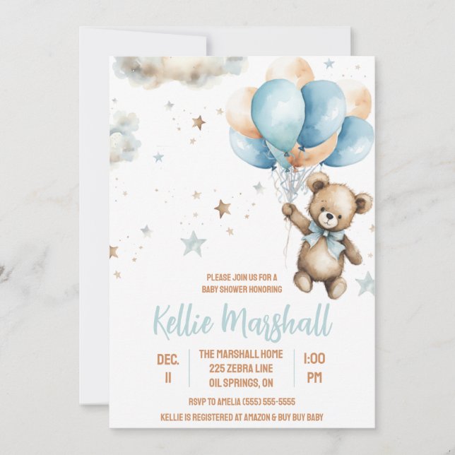 Invitación Oso de peluche marrón y azul con Baby Shower de gl (Anverso)