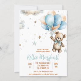 Invitación Oso de peluche marrón y azul con Baby Shower de gl