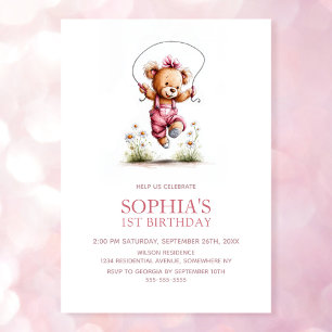 Invitación Oso de peluche niña alegre cumpleaños 1
